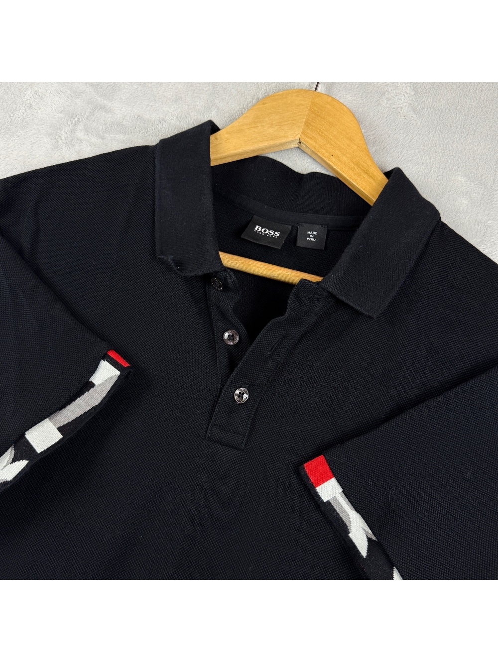 BOSS Hugo Boss Men’s L Black Polo Shirt Short Sleeve Spellout Sleeve Logo Preppy